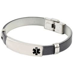 ***COI Titanium Black Silver Medical Alert Genuine Leather Bracelet With Steel Clasp(Length: 8.27 inches)-01399BB