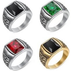 ***COI Titanium Black Gold Tone/Silver Ring With Black Onyx/Created Red Ruby/Green Emerald-01420BB