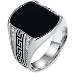 ***COI Titanium Black/Gold Tone/Silver Greek Key Black Onyx Ring With Cubic Zirconia-01431BB