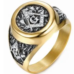 ***COI Titanium Black Gold Tone Silver Masonic Freemason Ring With Cubic Zirconia-01454BB