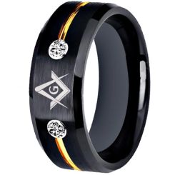 ***COI Titanium Black Gold Tone Masonic Freemason Ring With Cubic Zirconia-01457BB