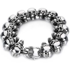***COI Titanium Black/Gold Tone/Silver Skull Bracelet With Steel Clasp(Length: 8.66 inches)-01490BB