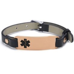 ***COI Titanium Black/Rose Medical Alert Genuine Leather Bracelet With Steel Clasp(Length: 8.27 inches)-01508BB