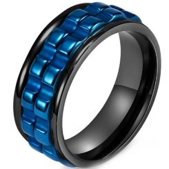 ***COI Titanium Black/Silver/Black Blue Grooves Rotating Ring-01513BB