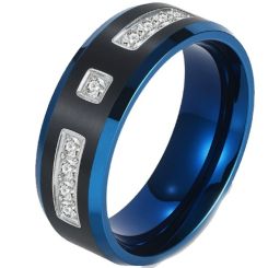 ***COI Titanium Black Blue Beveled Edges Ring With Cubic Zirconia-01516BB