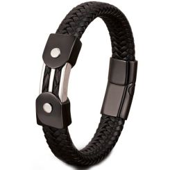 ***COI Titanium Black Silver Genuine Leather Bracelet With Steel Clasp(Length: 8.27 inches)-01525BB