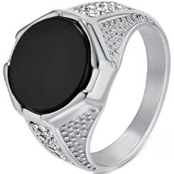 ***COI Titanium Gold Tone/Silver Black Onyx Ring With Cubic Zirconia-01529BB