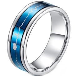 ***COI Titanium Black/Blue Silver Heartbeat & Heart Ring-01530BB