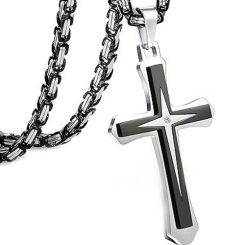 ***COI Titanium Black/Gold Tone Silver Cross Pendant With Cubic Zirconia-01537BB