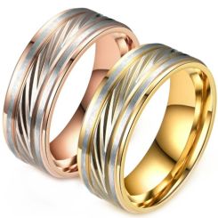***COI Titanium Gold Tone Silver Diagonal Grooves Ring-01577BB