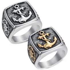 ***COI Titanium Black Silver/Black Gold Tone Silver Anchor Ring-01604BB