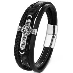 ***COI Titanium Black Silver Cross Genuine Leather Bracelet With Steel Clasp(Length: 8.27 inches)-01630BB