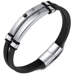 ***COI Titanium Black Silver Medical Alert Genuine Leather Bracelet With Steel Clasp(Length: 8.27 inches)-01649BB