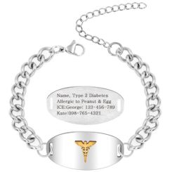 ***COI Titanium Black Silver/Gold Tone Medical Alert Custom Engraving Bracelet With Steel Clasp(Length: 8.27 inches)-01664BB