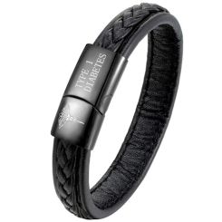 ***COI Black Titanium Medical Alert Custom Engraving Genuine Leather Bracelet With Steel Clasp(Length: 8.27 inches)-01667BB