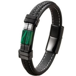 ***COI Titanium Black Silver Lapis Lazuli Genuine Leather Bracelet With Steel Clasp(Length: 9.07 inches)-01668BB