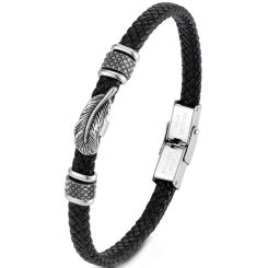 ***COI Titanium Black Silver Feather Genuine Leather Bracelet With Steel Clasp(Length: 8.85 inches)-01680BB