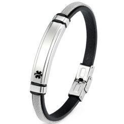 ***COI Titanium Black Silver Medical Alert Genuine Leather Bracelet With Steel Clasp(Length: 8.66 inches)-01681BB
