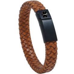 ***COI Black Titanium Medical Alert Genuine Leather Bracelet With Steel Clasp(Length: 8.07 inches)-01684BB