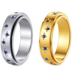 ***COI Titanium Gold Tone/Silver Step Edges Ring With Created Blue Sapphire-01691BB