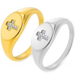 ***COI Titanium Gold Tone/Silver Cross Ring With Cubic Zirconia-01692BB