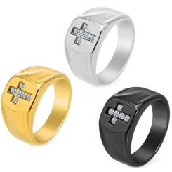 ***COI Titanium Black/Gold Tone/Silver Cross Ring With Cubic Zirconia-01693BB