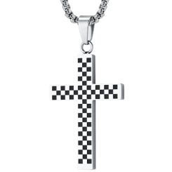 ***COI Titanium Black/Silver Checkered Flag Cross Pendant-01717BB