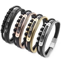 ***COI Titanium Black/Gold Tone/Rose/Silver Anchor Genuine Leather Bracelet With Steel Clasp(Length: 8.27 inches)-01719BB