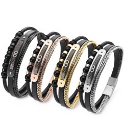 ***COI Titanium Black/Gold Tone/Rose/Silver Infinity Greek Key Pattern Genuine Leather Bracelet With Steel Clasp(Length: 8.27 inches)-01720BB