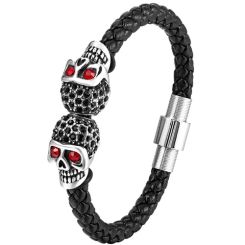 ***COI Titanium Black Silver Skull Cubic Zirconia Genuine Leather Bracelet With Steel Clasp(Length: 8.27 inches)-01725BB