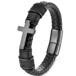 ***COI Black Titanium Cross Genuine Leather Bracelet With Steel Clasp(Length: 8.27 inches)-01728BB
