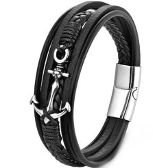 ***COI Titanium Anchor Genuine Leather Bracelet With Steel Clasp(Length: 8.27 inches)-01729BB