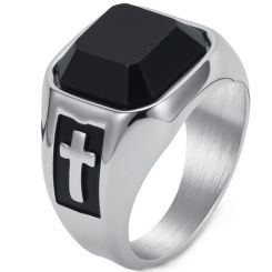 ***COI Titanium Black Gold Tone/Silver Cross Ring With Black Onyx-01739BB