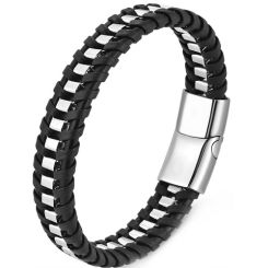***COI Titanium Black/Gold Tone/Silver Genuine Leather Bracelet With Steel Clasp(Length: 8.27 inches)-01743BB