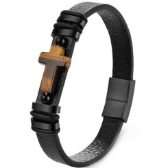 ***COI Black Titanium Tiger Eye Genuine Leather Bracelet With Steel Clasp(Length: 8.27 inches)-01744BB