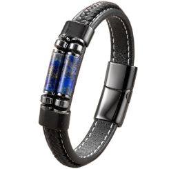 ***COI Titanium Black/Gold Tone/Silver Lapis Lazuli Genuine Leather Bracelet With Steel Clasp(Length: 7.48 inches)-01746BB