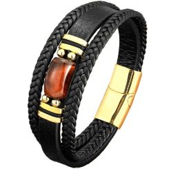 ***COI Gold Tone Titanium Tiger Eye Genuine Leather Bracelet With Steel Clasp(Length: 8.27 inches)-01748BB