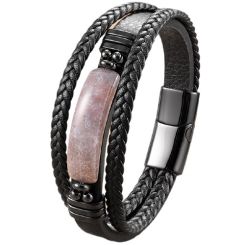 ***COI Black Titanium Pink Onyx Genuine Leather Bracelet With Steel Clasp(Length: 9.06 inches)-01750BB