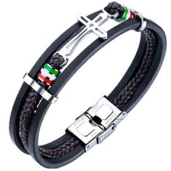 ***COI Titanium Cross Genuine Leather Bracelet With Steel Clasp(Length: 8.27 inches)-01758BB