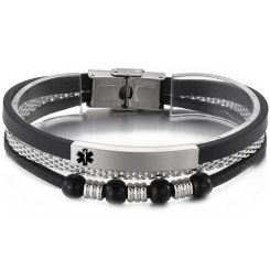 ***COI Titanium Black/Silver Medical Alert Genuine Leather Bracelet With Steel Clasp(Length: 8.27 inches)-01762BB