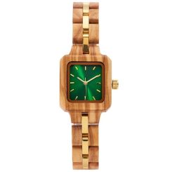 COI Gold Tone Titanium Koa Wood Green Malachite Watch With Steel Clasp(Length: 8.50 inches)-01783BB