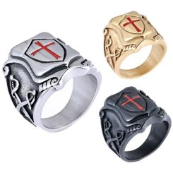 ***COI Titanium Black/Gold Tone/Silver Red Cross & Swords Ring-01873BB