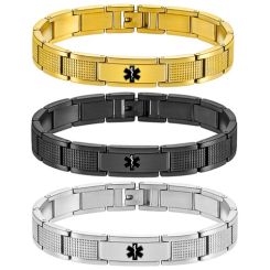 ***COI Titanium Black/Gold Tone/Silver Medical Alert Bracelet With Steel Clasp(Length: 8.27 inches)-01877BB