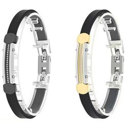 ***COI Titanium Silver Black/Gold Tone Cubic Zirconia Rubber Bracelet With Steel Clasp(Length: 9.25 inches)-01880BB