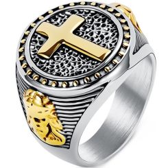 ***COI Titanium Black Gold Tone Silver Cross Ring-01887BB