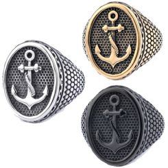 ***COI Titanium Black/Gold Tone/Silver Anchor Ring-01891BB