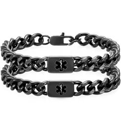 ***COI Black Titanium Medical Alert Bracelet With Steel Clasp(Length: 7.48 inches)-01935BB