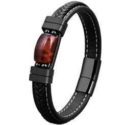 ***COI Black Titanium Red Tiger Eye Genuine Leather Bracelet With Steel Clasp(Length: 9.06 inches)-01952BB