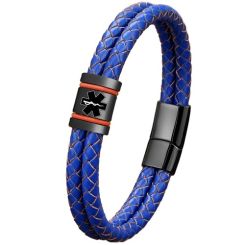 ***COI Titanium Black Red Medical Alert Genuine Leather Bracelet With Steel Clasp(Length: 8.27 inches)-01953BB