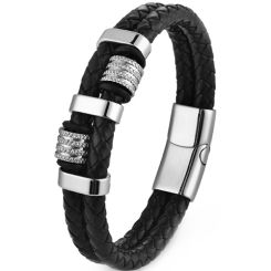 ***COI Titanium Black/Gold Tone/Silver Genuine Leather Bracelet With Steel Clasp(Length: 9.06 inches)-01968BB